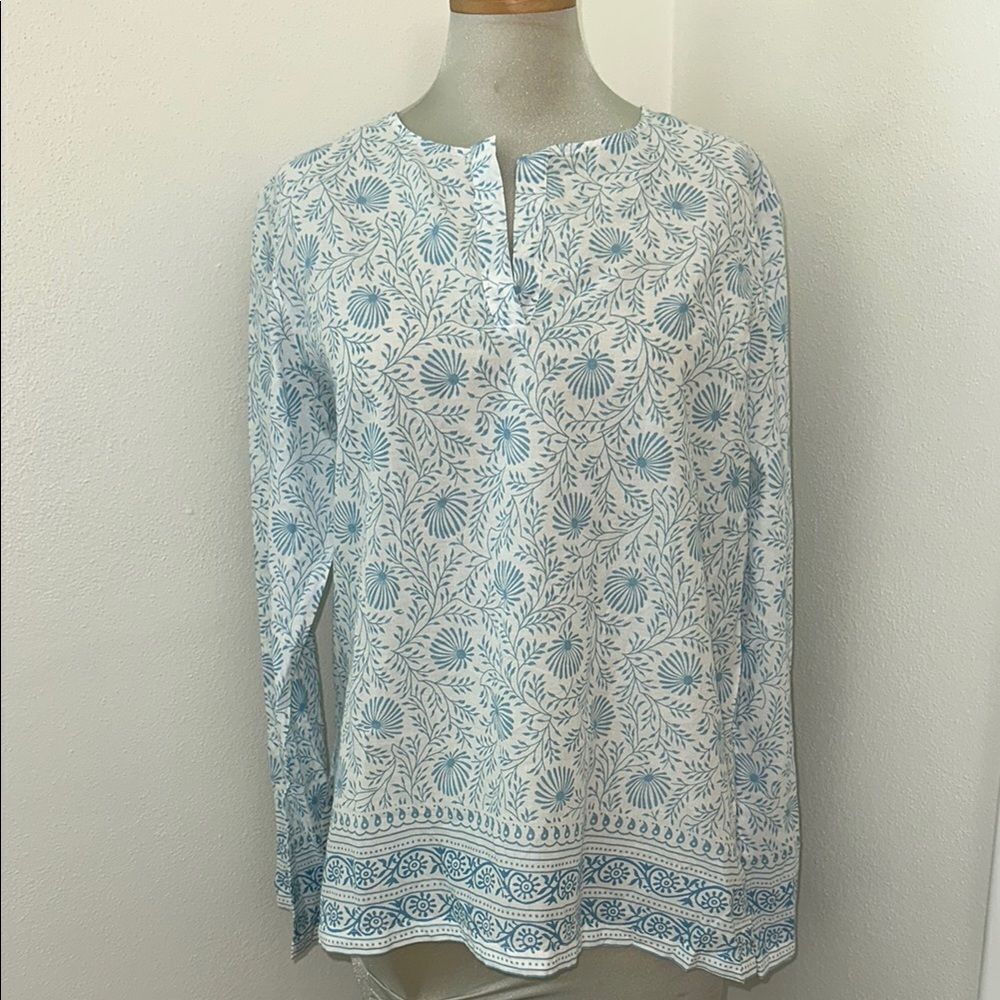 Pine Cone Hill Fine Linens cotton India blue white print tunic medium m